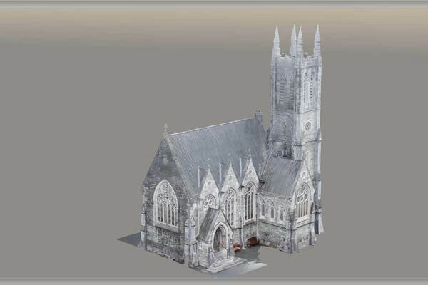 A 3D model of the Gothic chapel. A small set of steps leads to the arched, wooden front door.